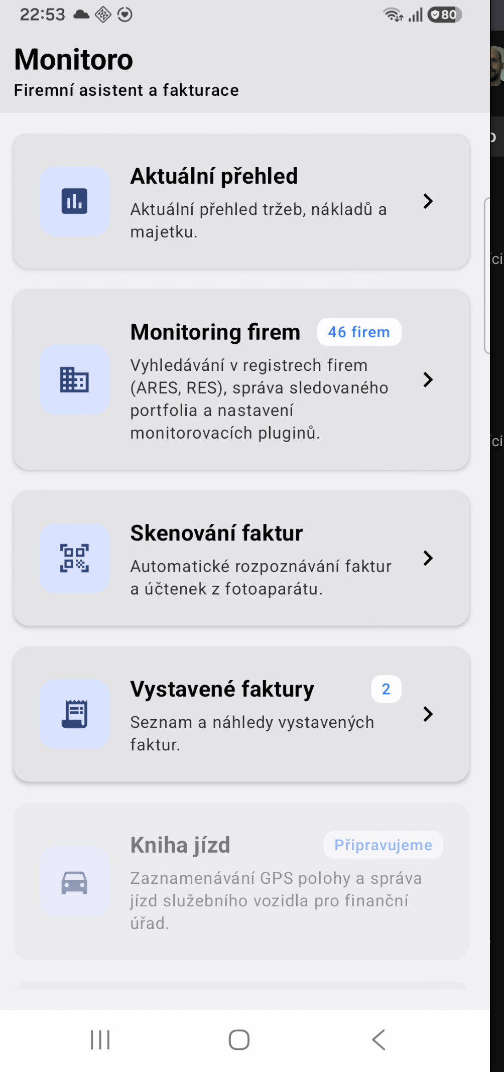 Ukázka aplikace Monitoro - Hlavní přehled